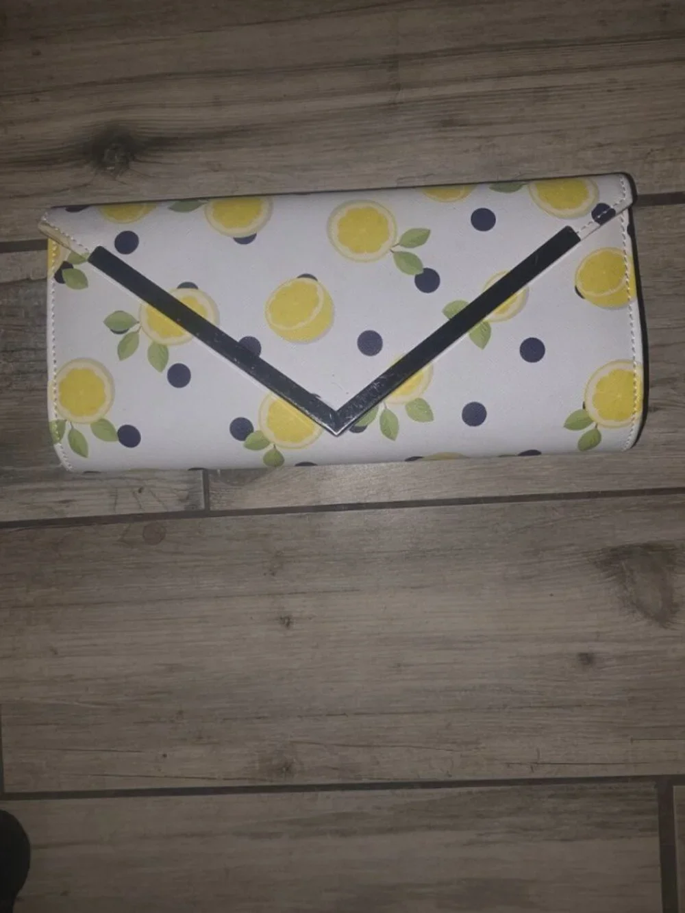 Lemon Print Envelope Clutch Yellow White Navy Polka Dots
